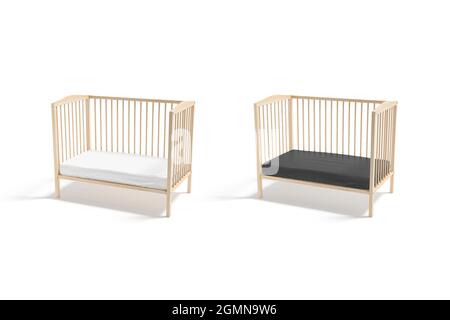 Blank wood cot with black and white crib sheet mockup, Stock Photo