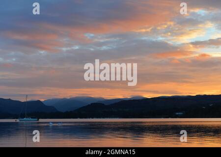 Sunset over Lake Ullswater in the Lake District Stock Photo
