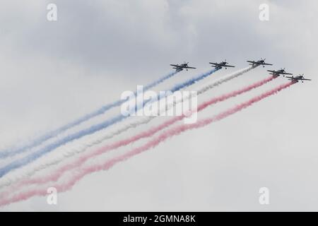 Santiago, Chile. 19th Sep, 2021. Planes of the Chilean Air Force take part in an annual military parade to celebrate the Day of the Glories of the Army at the O'Higgins park, in Santiago, Chile, on Sept. 19, 2021. Credit: Jorge Villegas/Xinhua/Alamy Live News Stock Photo