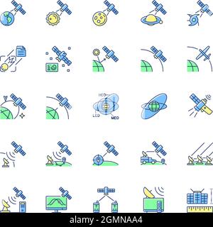 Satellites types green, blue RGB color icons set Stock Vector
