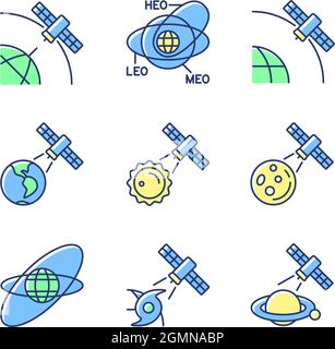 Satellites functions green, blue RGB color icons set Stock Vector