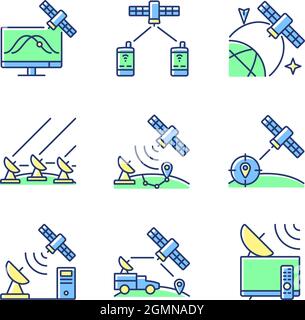 Artificial satellites green, blue RGB color icons set Stock Vector