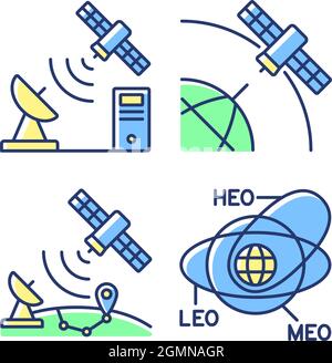 Satellite radionavigation green, blue RGB color icons set Stock Vector