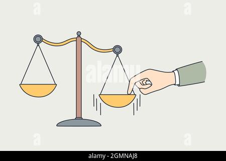 Making choice, measuring values concept. Human hand putting finger to one side on scales making decision and choice vector illustration  Stock Vector