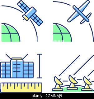 Satellite technologies green, blue RGB color icons set Stock Vector