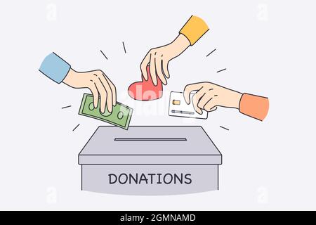 Donation box and charity concept. Human hands putting money cash love and heart to donation box together helping doing charity vector illustration Stock Vector