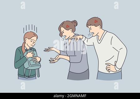 Home abuse and scandal concept. Furious angry parents mom and dad shouting screaming at their sad daughter holding backpack vector illustration  Stock Vector