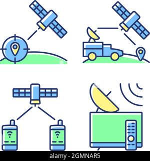 Communications satellites green, blue RGB color icons set Stock Vector