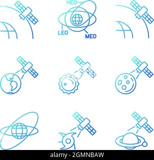 Satellites functions gradient linear vector icons set Stock Vector