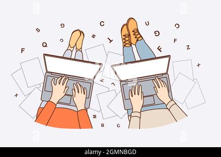 Freelance work and writing online concept. Hands of people freelancers sitting working on laptops writing texts articles blogging vector illustration Stock Vector