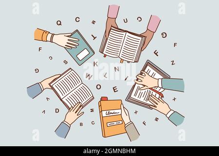 Education, learning and reading concept. Top view of human hands holding books learning studying with letters flying over vector illustration  Stock Vector