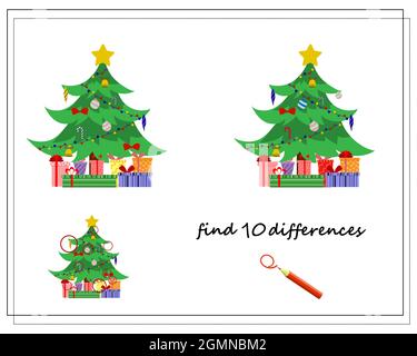 A logical game for children, find the differences. Christmas tree and gift boxes. vector isolated on a white background Stock Vector