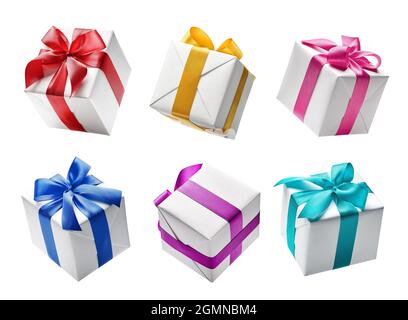 Birthday present - Set of white color gift boxes with colorful ribbon isolated on white background Stock Photo