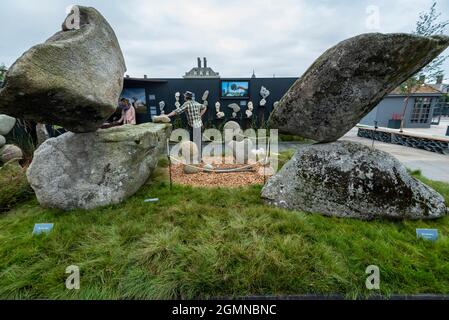 London, UK.  20 September 2021. Adrian Gray Stonebalancing at the RHS Chelsea Flower Show. Cancelled due to Covid-19 concerns last year, this is the first time that the show has been held in September (usually May).  The show runs to 26 September at the Royal Hospital Chelsea.  Credit: Stephen Chung / Alamy Live News Stock Photo