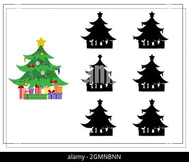A logical game for children, find the right shadow. Christmas tree and gift boxes. vector isolated on a white background Stock Vector