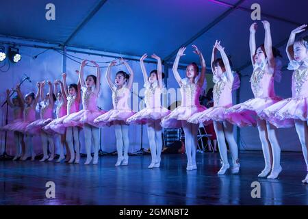 A row of young Asian girl ballerinas on stage in pink tutus, standing in the 'releve' position with arms raised