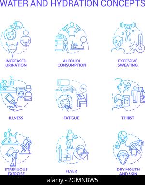 Water and hydration blue gradient concept icons set Stock Vector