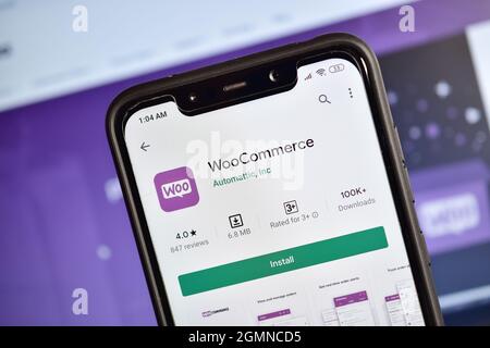 New Delhi, India 10 April 2020 :- WooCommerce application on smartphone Stock Photo