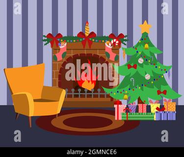 Decorated cozy Christmas room with a Christmas tree, colorful gift boxes Stock Vector