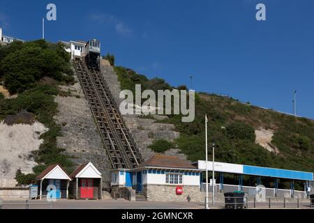 Editorial Bournemouth, UK - September 15th, 2021: The West Cliff Railway, a funicular railway located on West Cliff in Bournemouth UK linking the prom Stock Photo