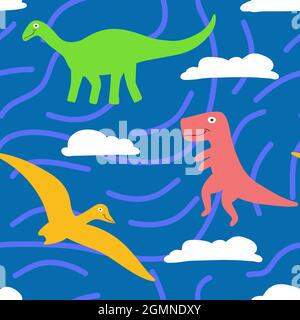 Kids dino pattern on abstact blue background with clouds. t rex, brontosaurus and Pterodactylus characters. Stock Vector