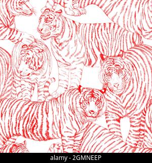 Pattern. Red tigers in different poses on a white background Stock Photo