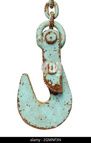 Isolated objects: old construction crane hook, weathered and rusty, on white background Stock Photo
