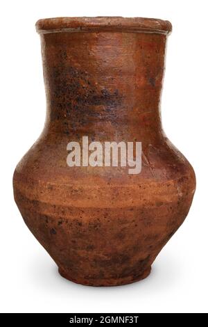 Isolated objects: old brown milk jug, traditional eartenware, on white background Stock Photo