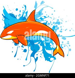 Killer whale. Jumping over sea wave. Vector logo design illustration. Stock Vector