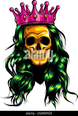 Female skull with a crown and long hair. Queen of death drawn in tattoo style. Vector illustration. Stock Vector