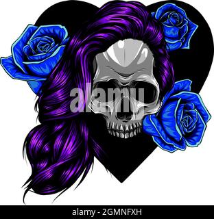 Human skull with flower wreath of roses and wild flowers. Stock Vector