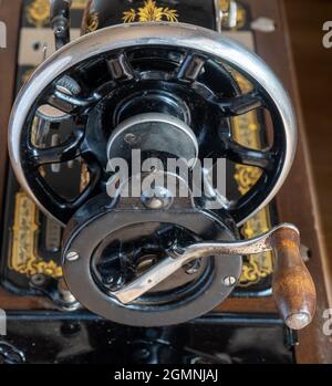 The handle view of a Singer Sewing Machine Stock Photo
