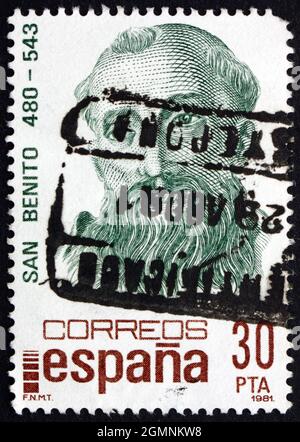 SPAIN - CIRCA 1981: a stamp printed in the Spain shows St. Benedict of Nursia, Patron Saint of Europe, circa 1981 Stock Photo