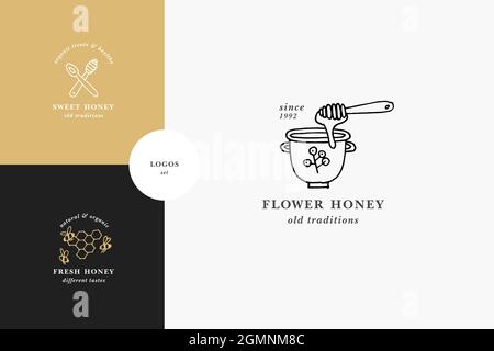 Vector set illustartion logos and design templates or badges. Organic and eco honey labels and tags with bees. Linear style and golden color. Stock Vector