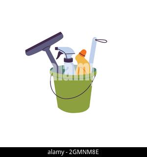 Vector illustration bucket with cleaning supplies, bottles, spray, brush. Cleaning sevice. Stock Vector