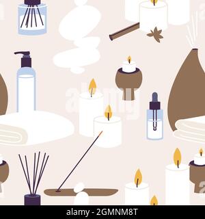 Vector iseamless pattern with organic and natural products for spa and wellness procedure. Aroma sticks and candles with essecial oil, herbal lotion. Stock Vector