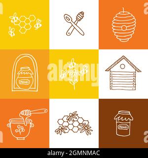 Vector set illustartion logos and design templates or badges. Organic and eco honey labels and tags with bees. Linear style. Stock Vector