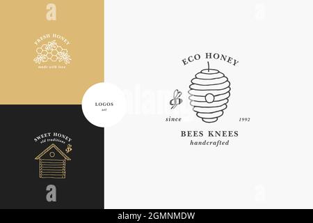 Vector set illustartion logos and design templates or badges. Organic and eco honey labels and tags with bees. Linear style and golden color. Stock Vector