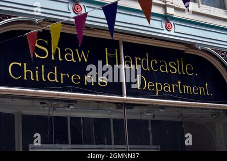 HALIFAX. WEST YORKSHIRE. ENGLAND. 05-29-21. The Old Arcade, a painted sign for the children's department in a former department shop. Stock Photo