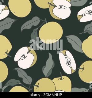 Vector illustration seamless pattern with green apple. Colorful summer wallpaper. Apples fruits collection. Stock Vector