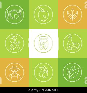 Vector set of logos, badges and icons for natural and health products. Collection symbol of healthy eating and various of dieting. Stock Vector