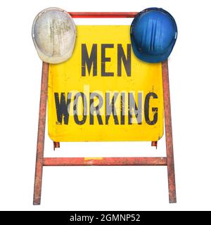 Men Working road construcion sign with hanging work helmets isolated on a white background Stock Photo