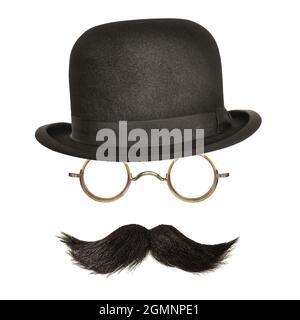 Vintage bowler hat with black curly moustache and glasses isolated on a white background Stock Photo