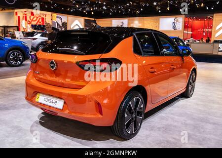 Opel Corsa-e new electric car model shown at the Autosalon 2020 Motor Show. Brussels, Belgium - January 9, 2020. Stock Photo