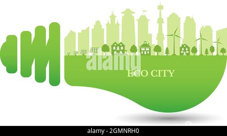 Silhouette green city with renewable energy sources. Ecological city and environment conservation. Green city inside the electric bulb. Vector. Stock Vector