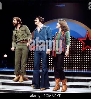 Peter, Sue and Marc, Marc Dietrich, Sue Schell, Peter Reber, Schweizer Musik-Gruppe, 1976.  Peter, Sue and Marc, Swiss Music group, 1976. Stock Photo