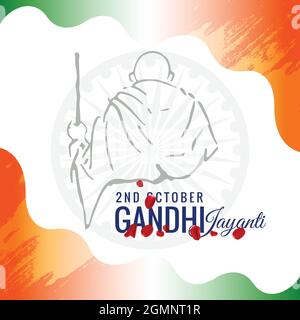 Illustration of 2nd October as Mahatma Gandhi Jayanti. Outline of the Mahatma Gandhi on the Indian flag Stock Vector