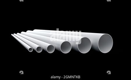 Pipes assortment PVC pipes, Close-up. Tubes PVC pipes on black background 3d illustration Stock Photo