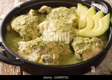 Jocon Recipe Guatemalan Chicken in Salsa Verde with fresh avocado close up in the plate on the table. Horizontal Stock Photo
