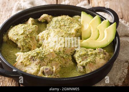 Jocon Recipe Guatemalan chicken in tomatillo cilantro sauce close up in the plate on the table. Horizontal Stock Photo